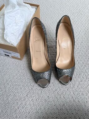 Christian Louboutin Silver Glitter Peep-Toe Pumps